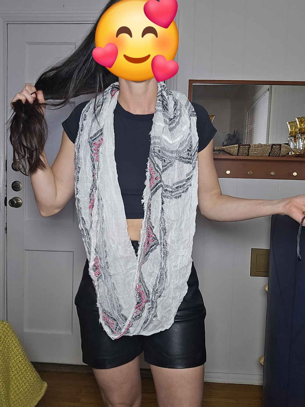 Staring at Stars White Infinity Scarf with Black and Pink Geometric Accents